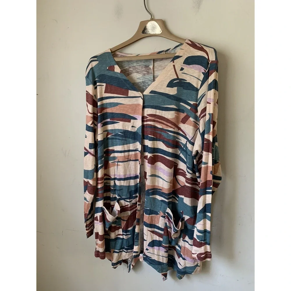LOGO Lori Goldstein Womens Cardigan‎ 2X Camo Camping Lounge Slouchy Fall Comfy
